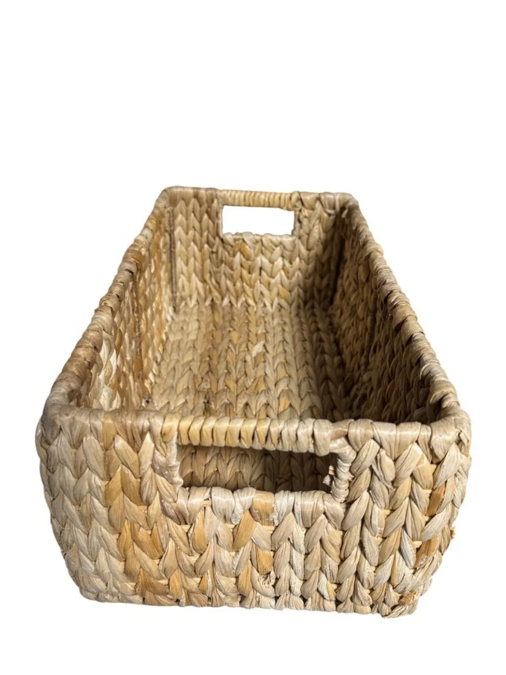 Handwoven Rectangular Water Hyacinth Basket With Handles For Storage Or Decor